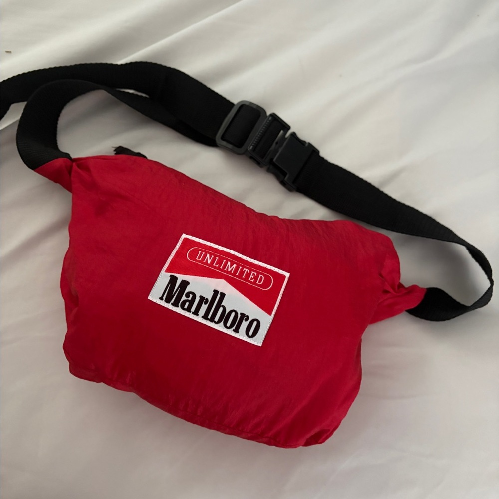 VINTAGE 90s Marlboro 2 in 1 Red Nylon Windbreaker & Belt Bag with Black Strap